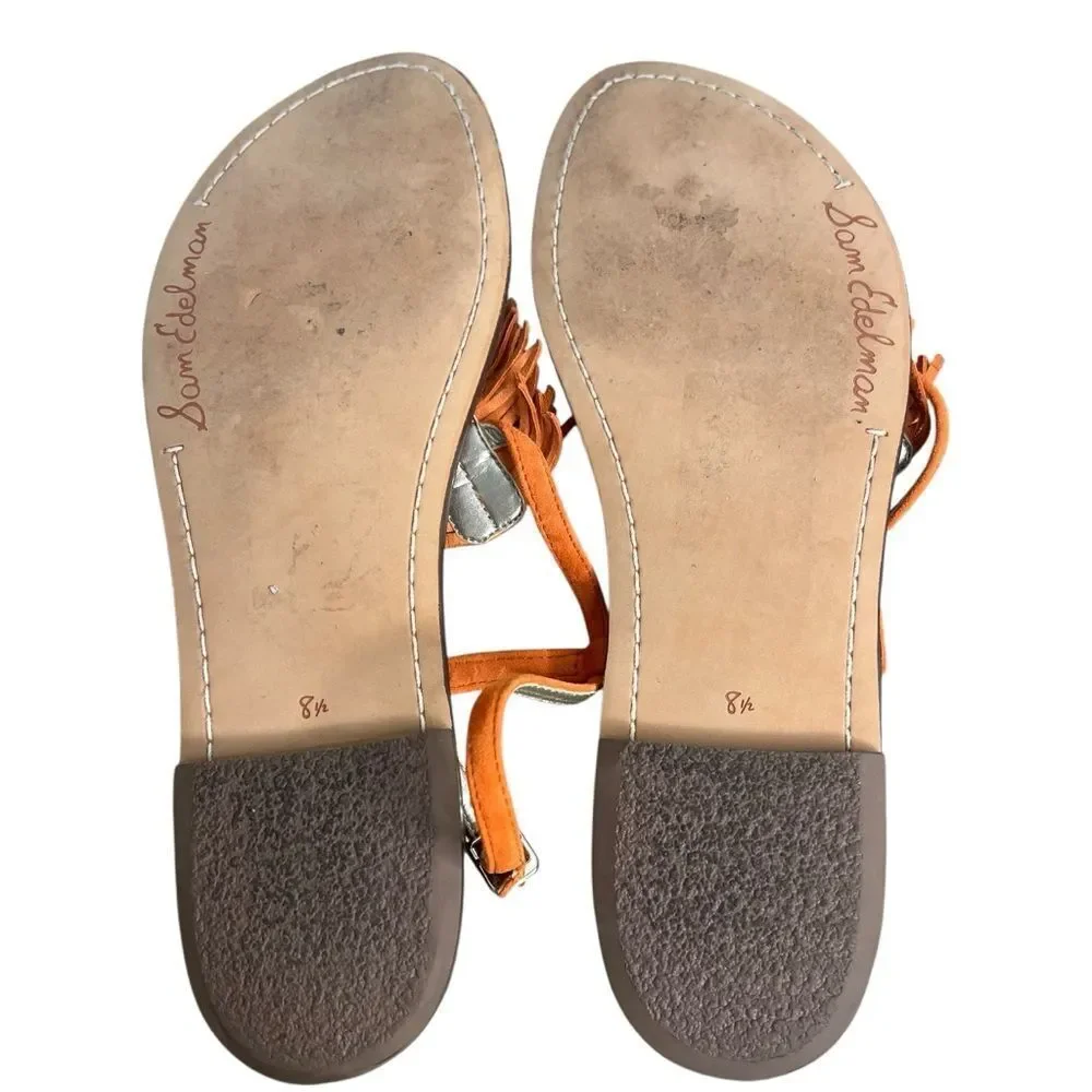 Sam Edelman Gela Fringe Sandals size 8.5M Orange Suede Flat T-Strap Boho Shoes